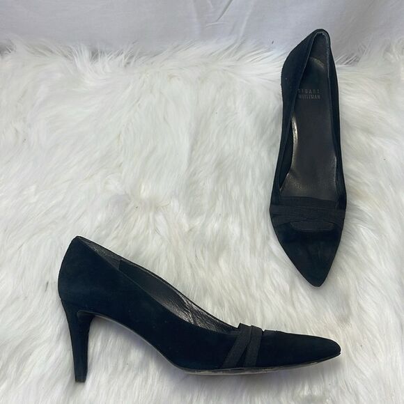 Stuart Weitzman Bandexsvelt  Black Suede Elastic Inset Heels Sz 9 - Picture 1 of 7